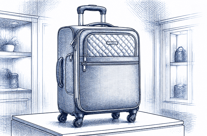 Drawn image of a luxury suitcase on wheels.